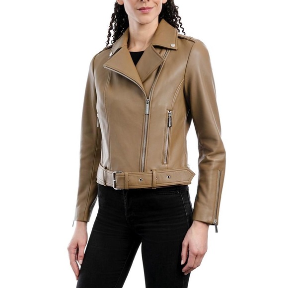 Michael Kors Jackets & Blazers - Michael Kors Belted Leather Moto Coat motorcycle jacket, L, NWT Tan, authentic